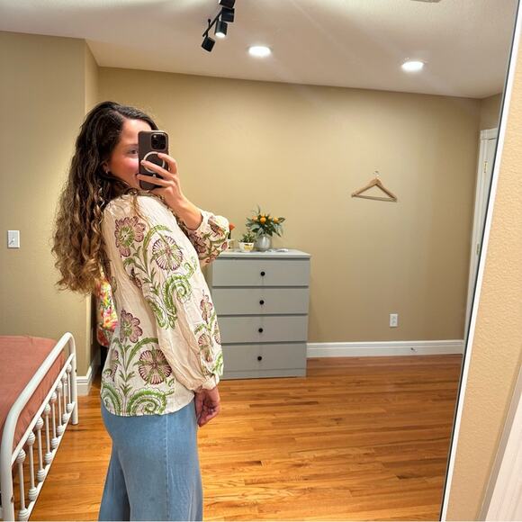 Emerson Fry India Collection Cream Floral Button Front Long Sleeve Blouse Top M - Picture 2 of 13